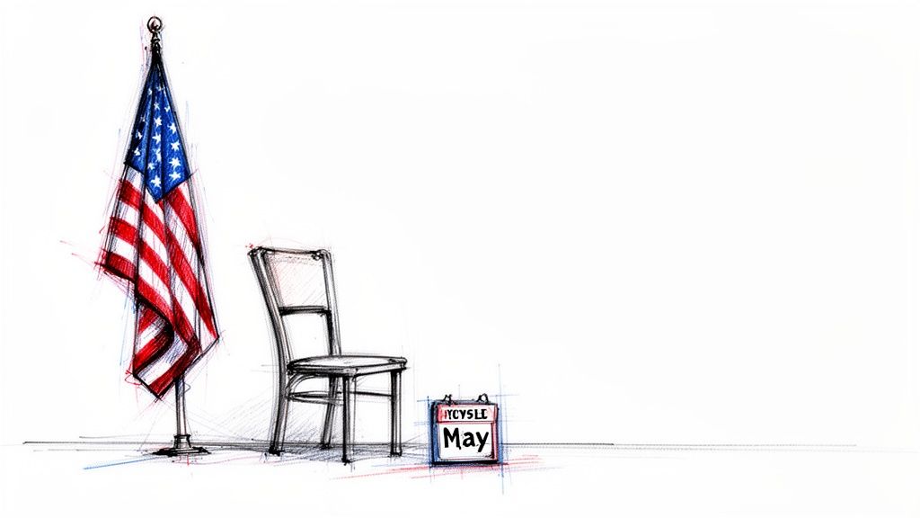 An artistic sketch of a draped American flag, an empty chair, and a calendar labeled "May".
