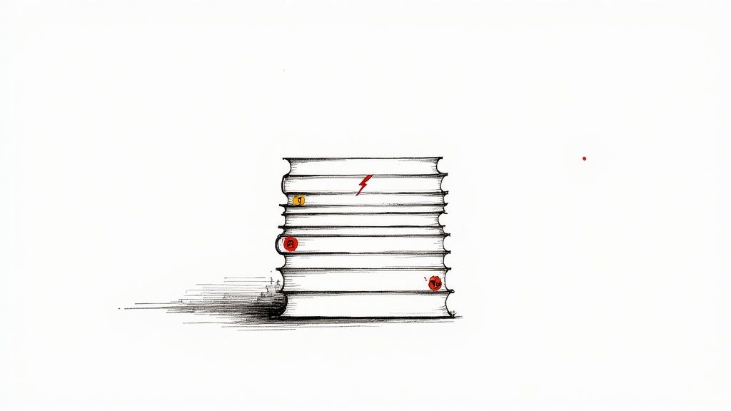 A minimalist illustration of a stack of books, featuring a lightning bolt and numbered red circles.