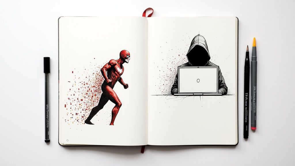 An open notebook features a red superhero dissolving into pixels and a hooded hacker at a laptop.