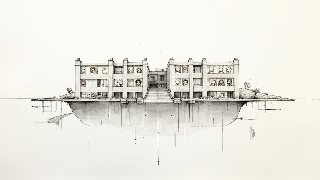 Whimsical ink drawing of a floating building with many people looking out of windows.