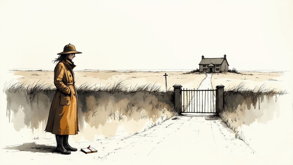 A conceptual sketch representing detective Vera Stanhope with a coat and boots in a windswept Northumberland landscape.