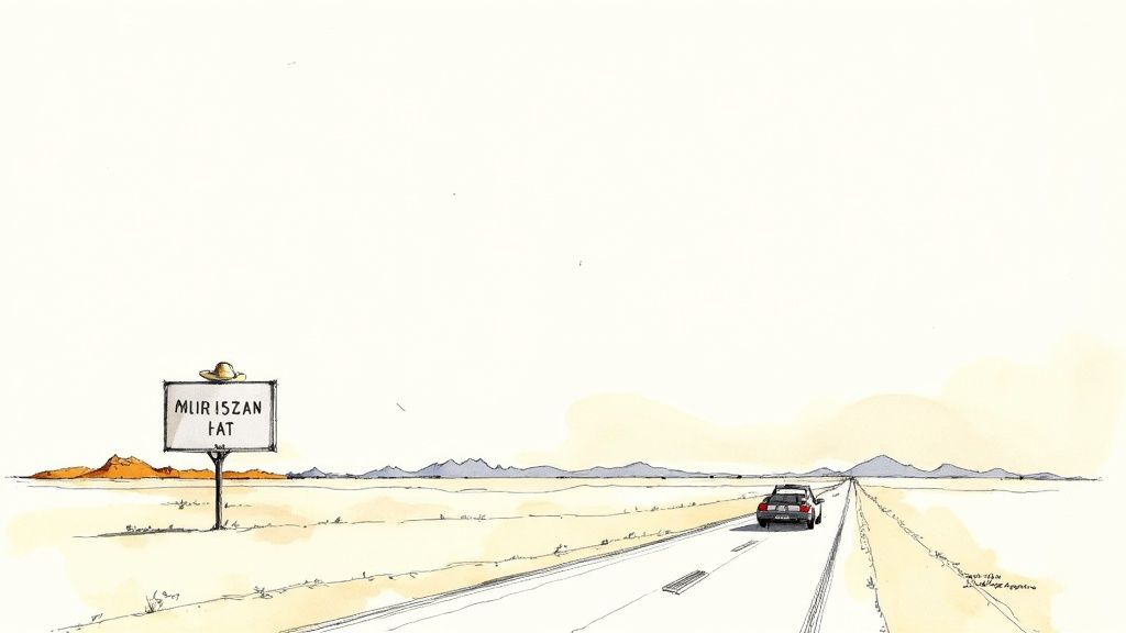 An illustration of a desert road with a car driving towards distant mountains, passing a sign topped with a hat.
