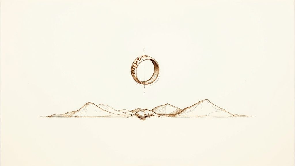Minimalist sepia illustration of a ring suspended above a mountain landscape horizon