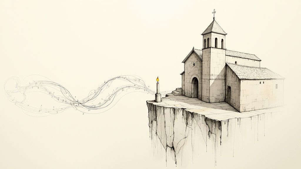 Floating island with stone church, bell tower, and musical notes flowing from entrance