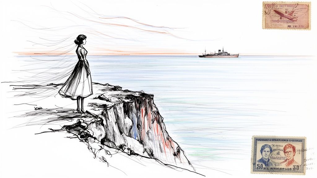 Ink and color drawing of a woman on a cliff gazing at a distant ship, with two vintage stamps.
