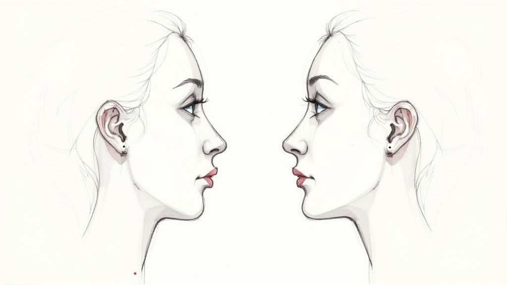 Two delicate mirror-image profile drawings of a woman with blue eyes and light pink lips.