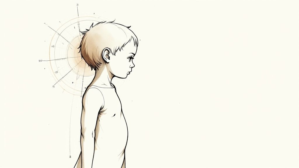 Sketch illustration of a child in profile with a subtle, circular diagram in the background.