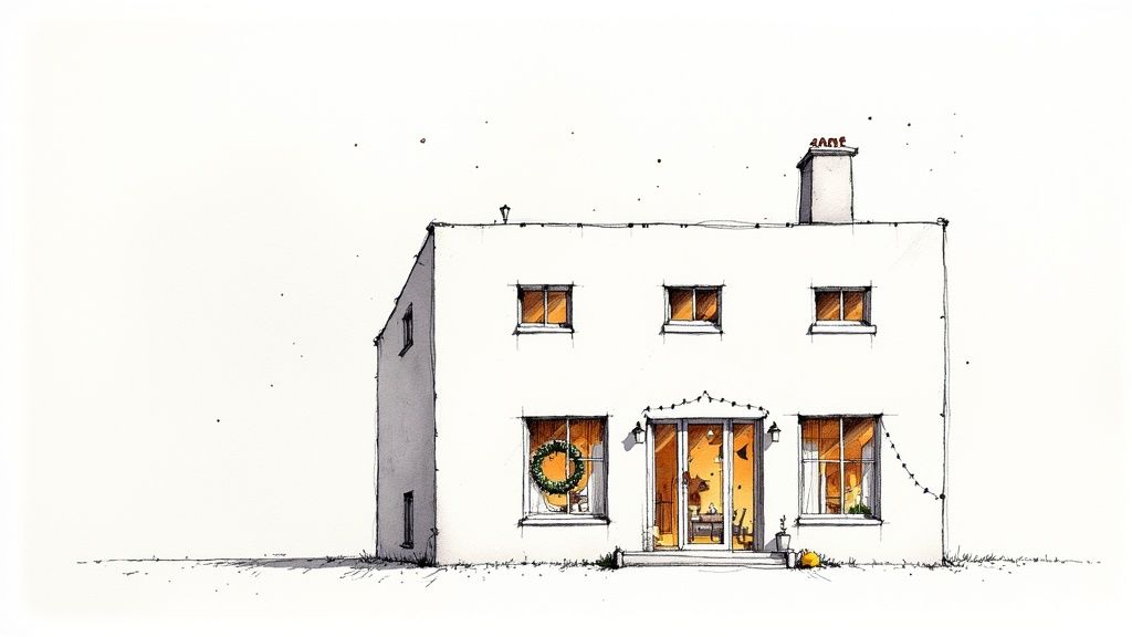 A simple watercolor and ink sketch of a white house adorned with a festive wreath and warm lights.