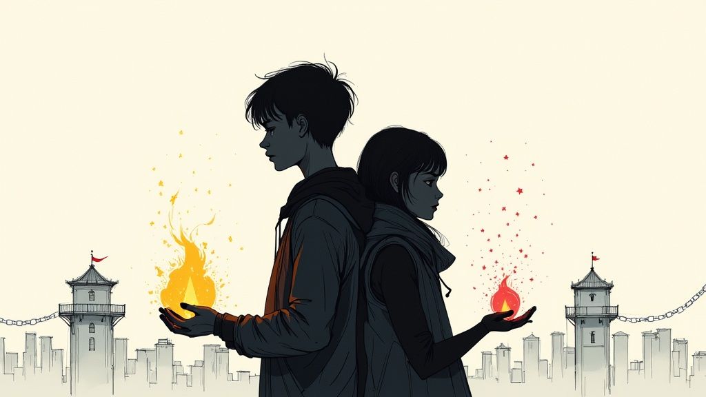 Anime-style illustration of a boy and girl back to back, holding yellow and red flames.