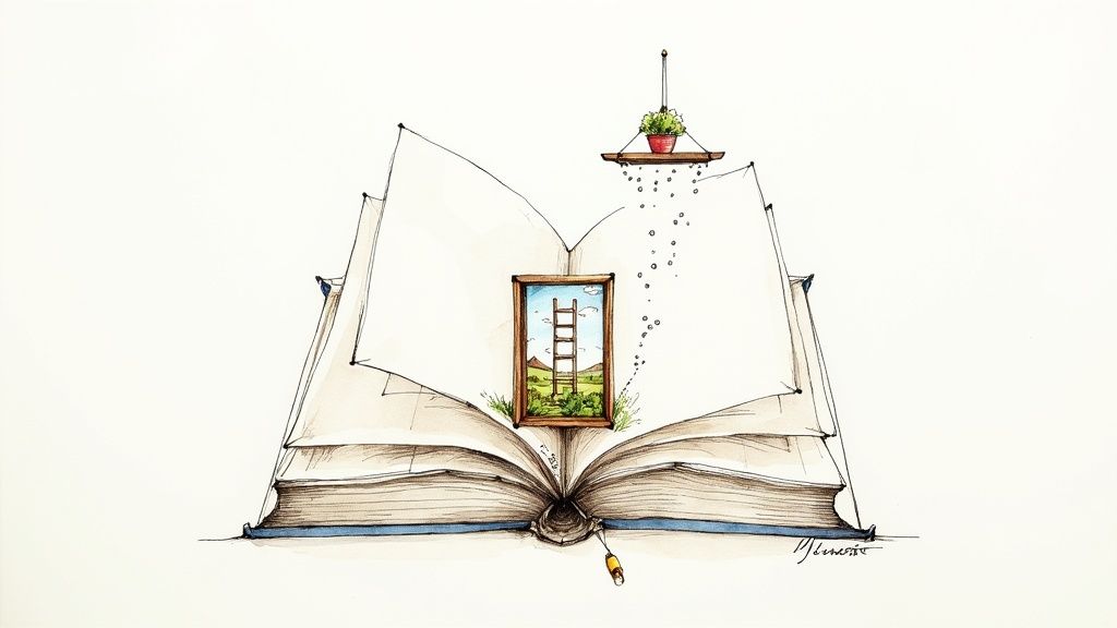 An open book reveals a framed landscape with a ladder, while a hanging plant drips water onto its pages.