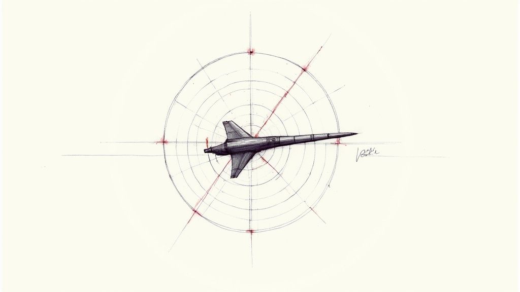Pencil drawing of a sleek, dark aircraft centered in a target-like grid with red accents and a signature.