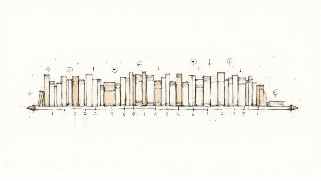 Hand-drawn sketch of books on a shelf with numbers, resembling a timeline.