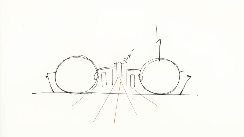 Conceptual line drawing of eyeglasses with a cityscape between two large circular frames.