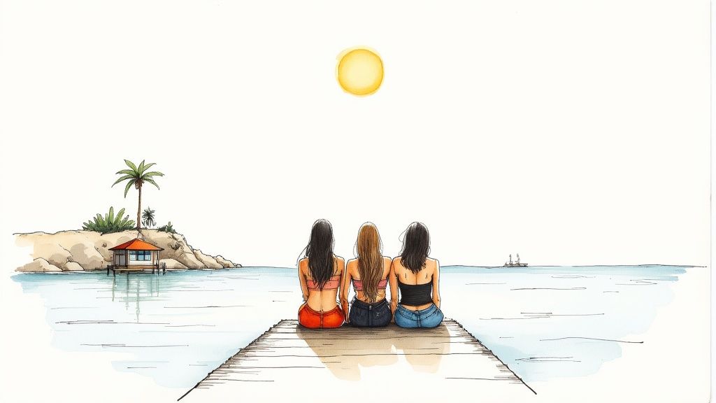 Watercolor illustration of three friends sitting on a pier, enjoying a bright ocean view with an island and sun.