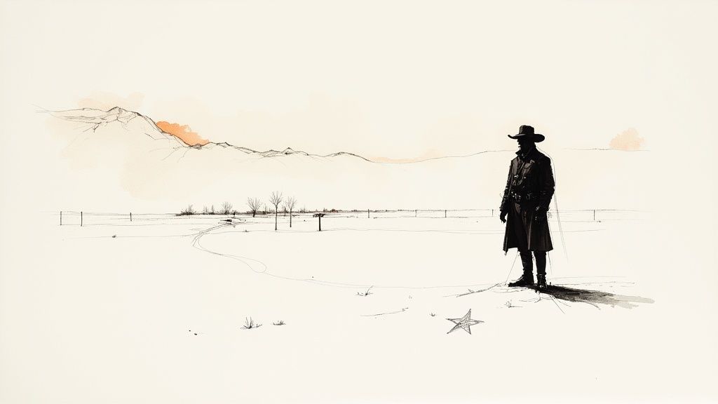 A lone cowboy in a long coat and hat stands in a minimalist western landscape with mountains.