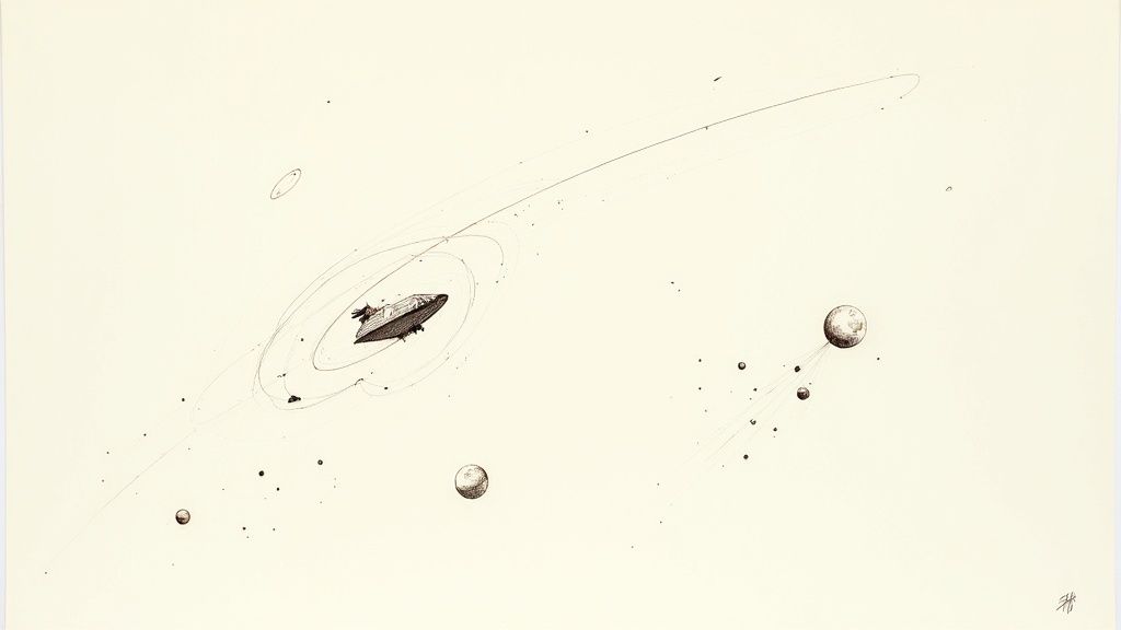 A detailed, vintage-style illustration of a spaceship with planets and orbital paths in space.