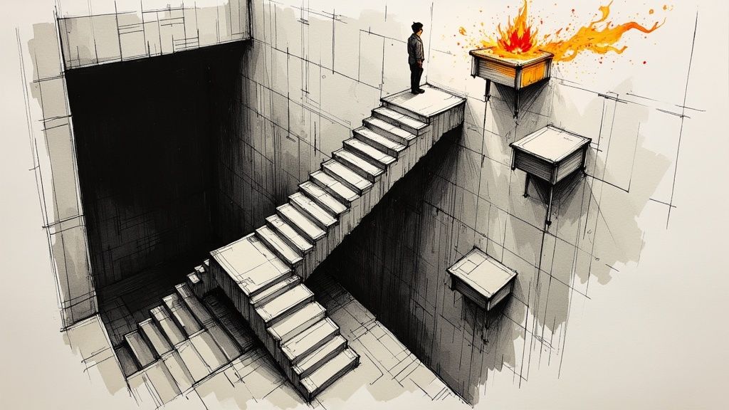 A man contemplates a descending staircase into darkness, next to a table ablaze with fire.