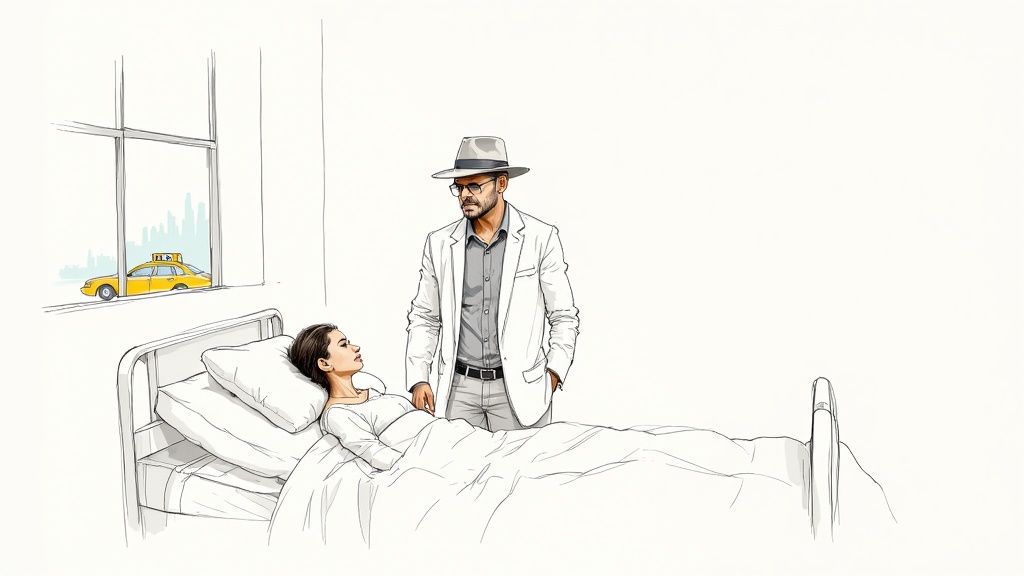Illustration of a man in a fedora visiting a woman in a hospital room with a city view.