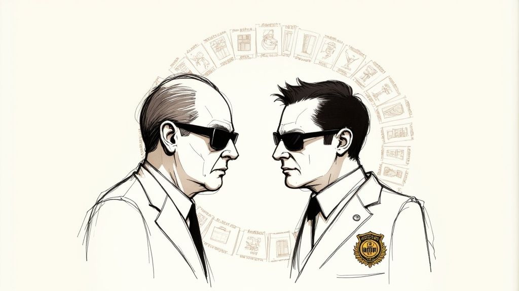 Two men in suits and dark sunglasses face each other, surrounded by an arc of small drawings.