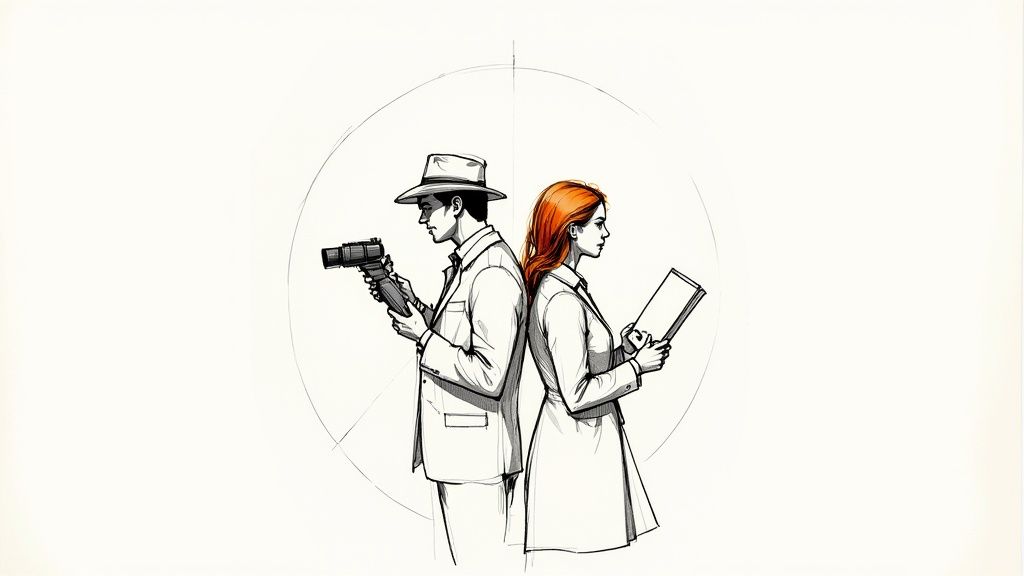 An illustration of a stylish 1920s couple, a man and a woman, looking adventurous with a classic car behind them, on a #F8F3ED background.