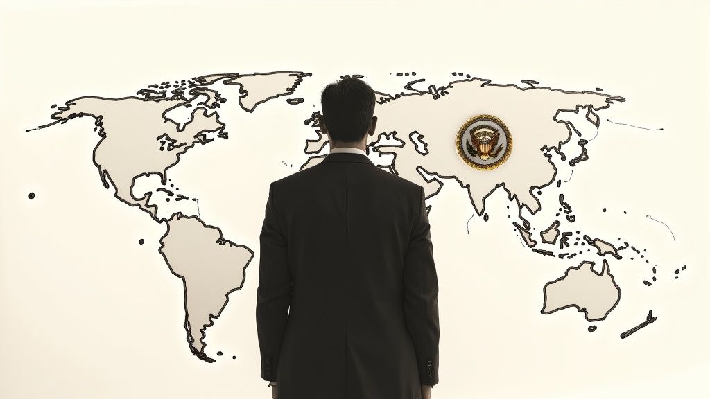 A man in a suit looks at a world map with the US presidential seal placed over Eurasia.