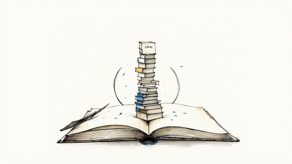 An open book with a tall stack of books, topped by one labeled 'Library,' and a quill.