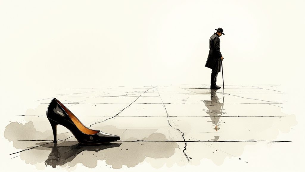 A man in a coat and hat stands with a cane, reflecting on a single high-heeled shoe.