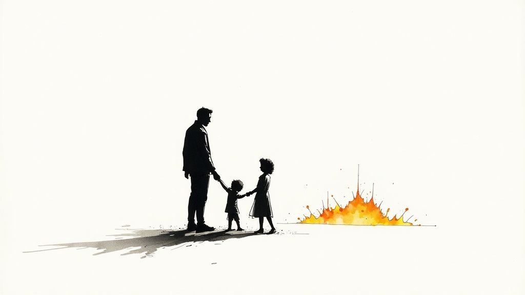 Silhouette of a man and two children holding hands, walking away from an orange explosion.