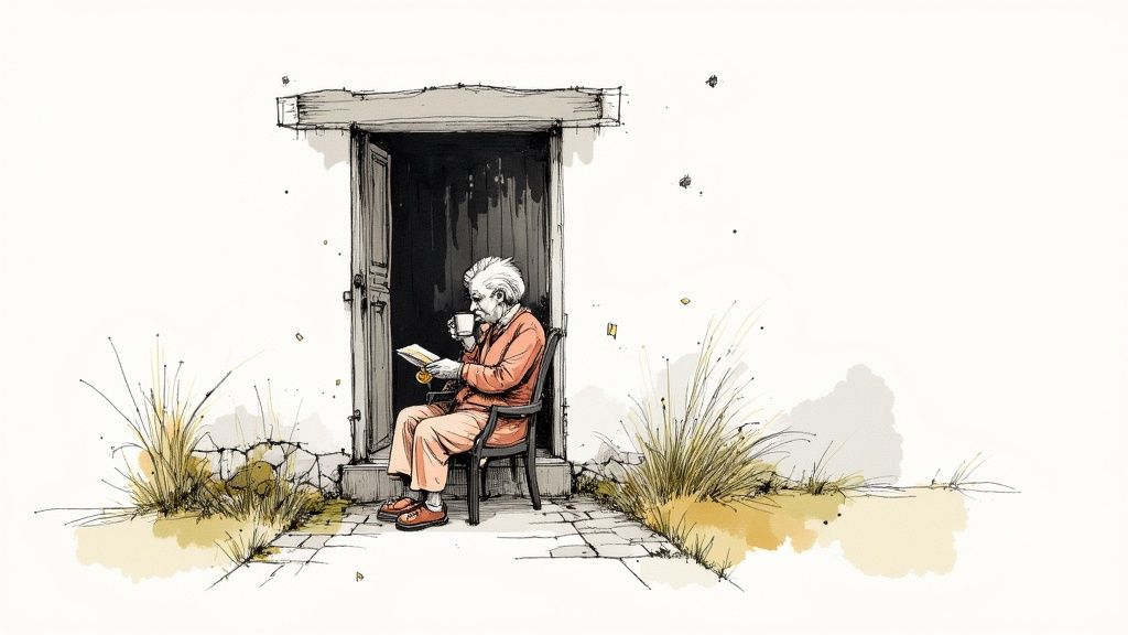 An illustration of a kind-faced elderly woman with glasses, knitting in a cozy armchair, with a subtle mysterious glint in her eye, on a #F8F3ED background.