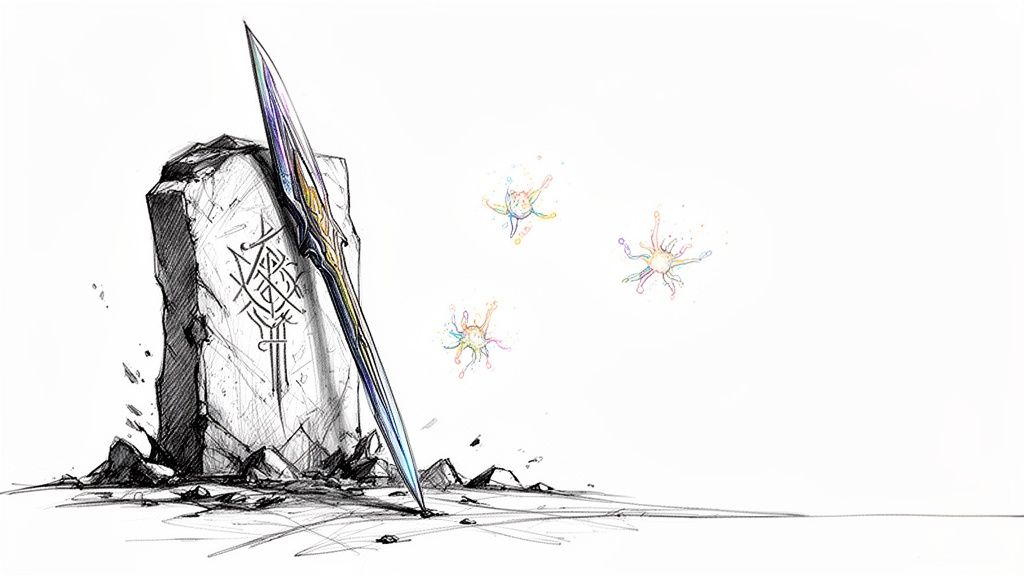 A vibrant, iridescent sword leans against a runic stone monolith, with colorful abstract shapes floating nearby.