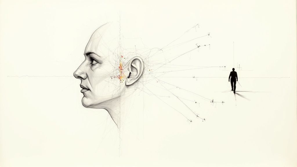 Pencil drawing of a woman's profile, with lines leading from her ear to a distant man.