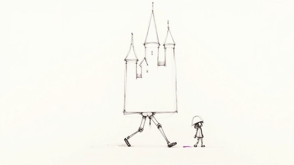 A whimsical sketch of a walking castle with mechanical legs beside a small figure holding an umbrella.