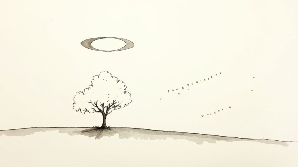 A minimalist ink drawing of a lone tree on a hill with a floating oval and faint text.