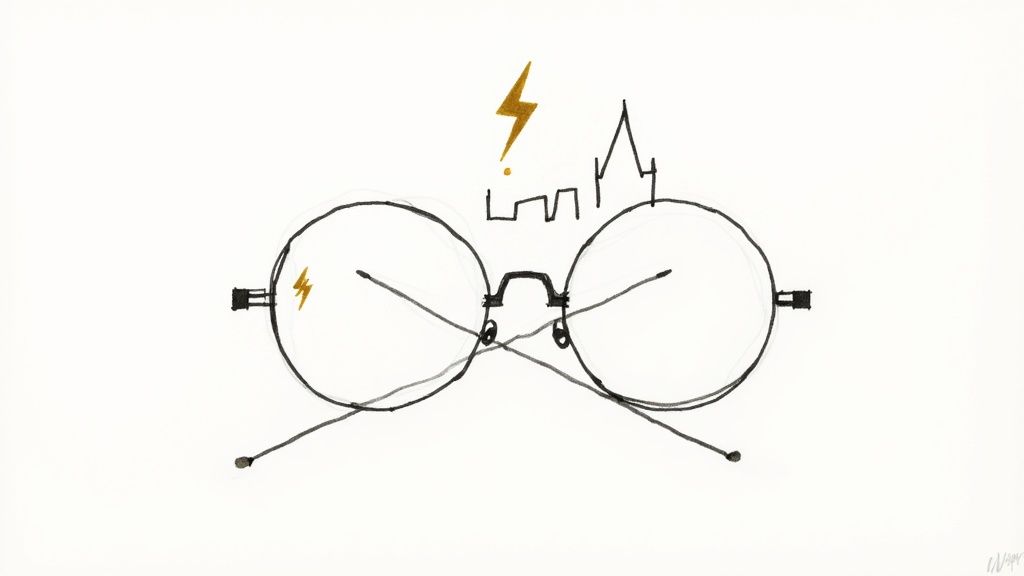 Round eyeglasses with lightning bolt symbol and castle silhouette representing Harry Potter book series