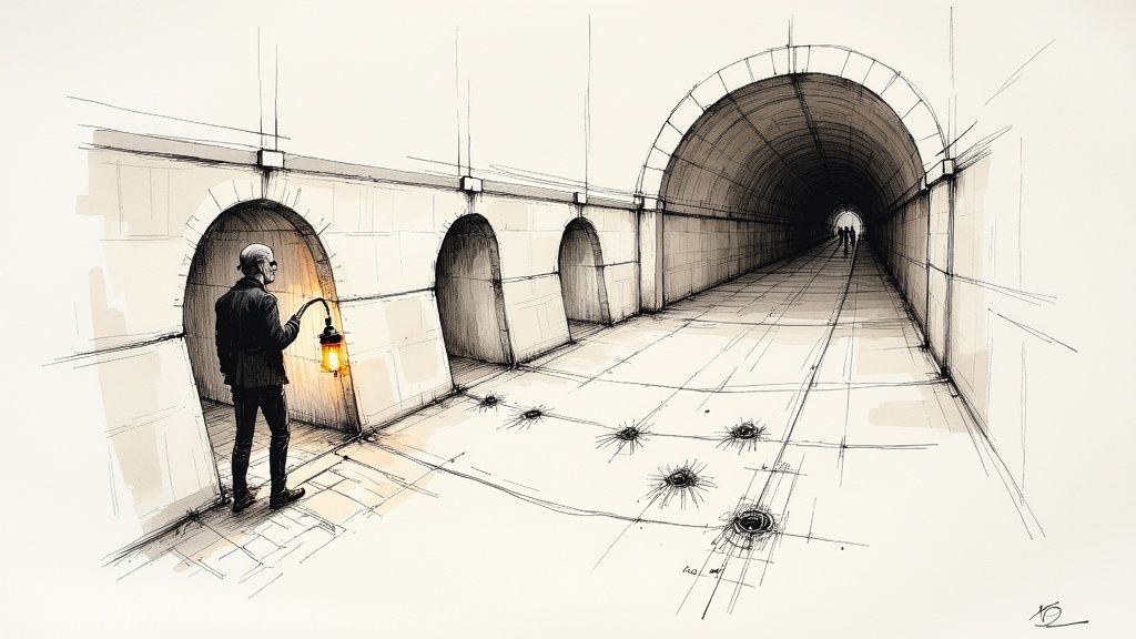 Person holding lantern exploring dark underground tunnel with arched doorways and mysterious atmosphere