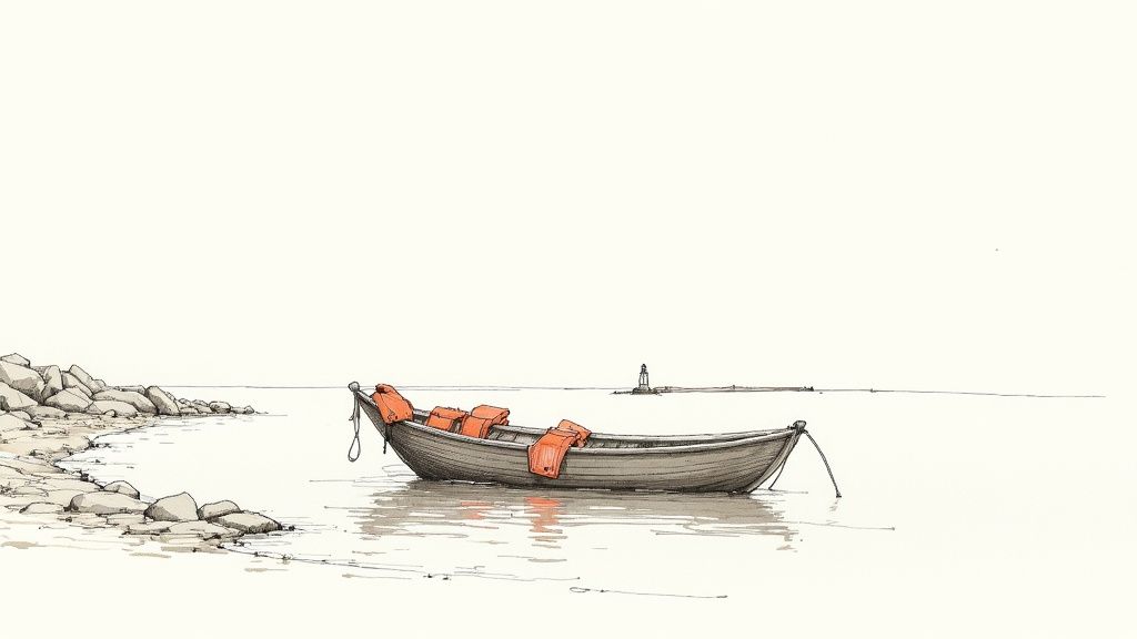 An illustration of a small wooden boat with orange life jackets on calm water near a rocky shore, with a distant lighthouse.
