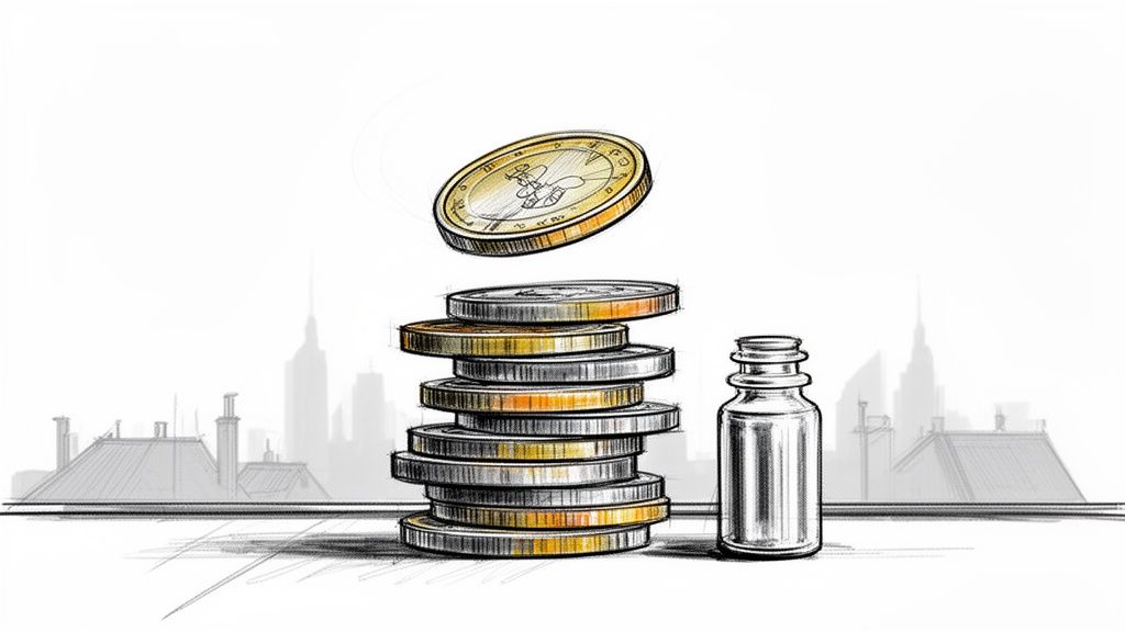 An illustration showing a stack of coins and a small bottle against a blurred city background.