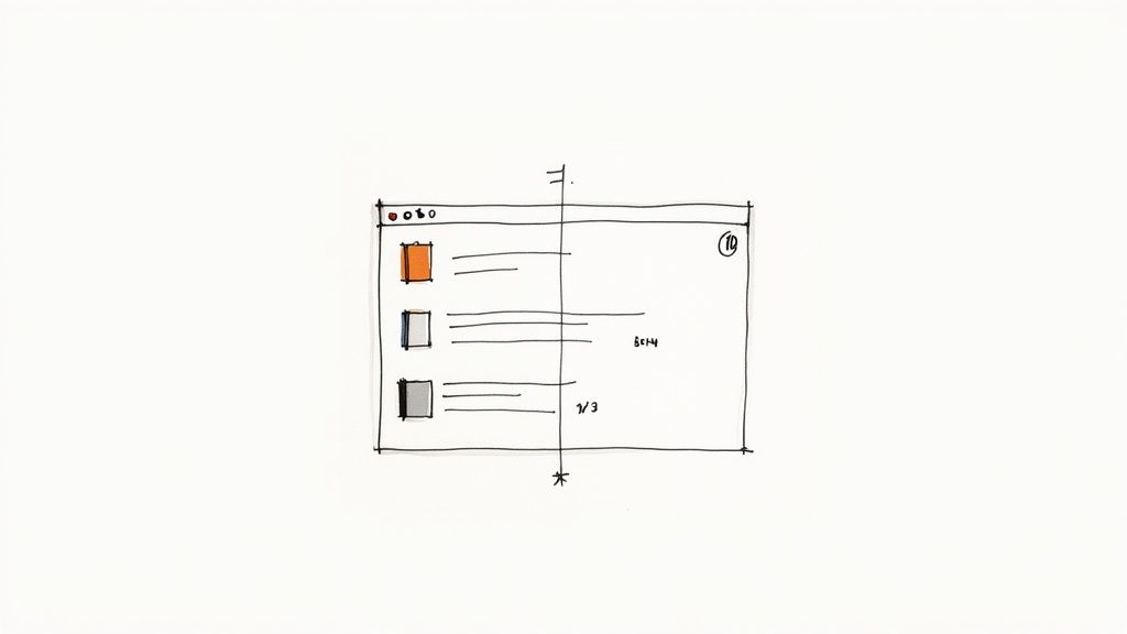 A hand-drawn wireframe sketch of a split-panel user interface with colored list items.