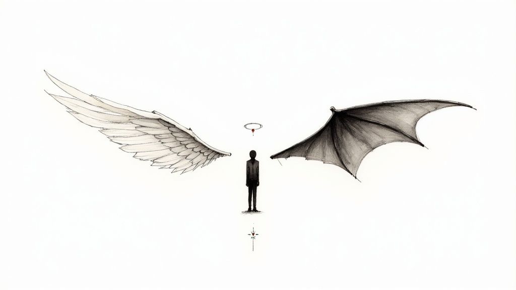 A minimalist drawing of a person standing between a white angel wing and a dark demon wing, with a halo and blood drop above.