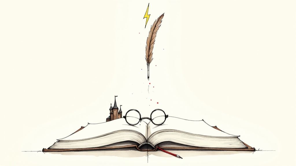 Illustration of an open book with glasses, a castle, quill, and lightning bolt, symbolizing fantasy.