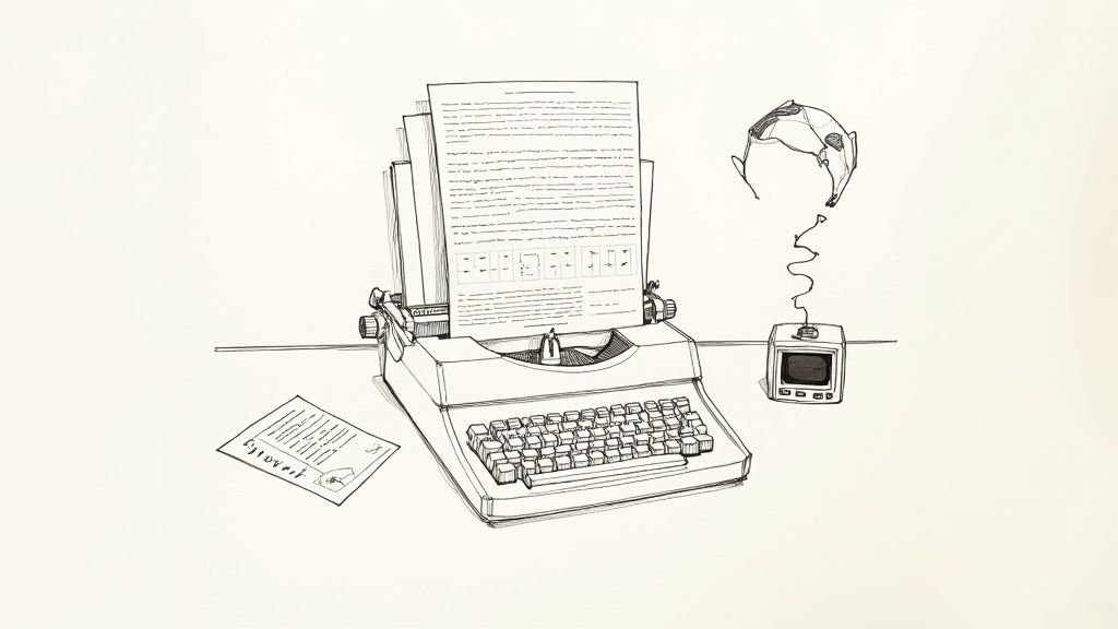 Line drawing of a vintage typewriter with a document, a small monitor, and a brain-computer interface.