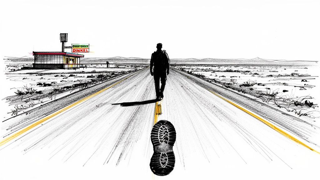 Sketch of a person walking on a long desert road towards a distant diner, with a large footprint in the foreground.