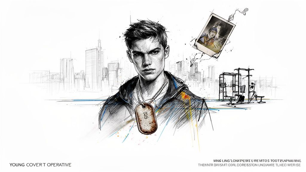 Sketch of a serious young man with a dog tag, cityscape, gym equipment, and a vintage photo.