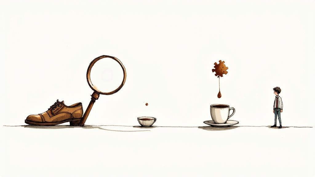 A whimsical illustration of a detective's objects: a shoe, magnifying glass, coffee, and a curious man.