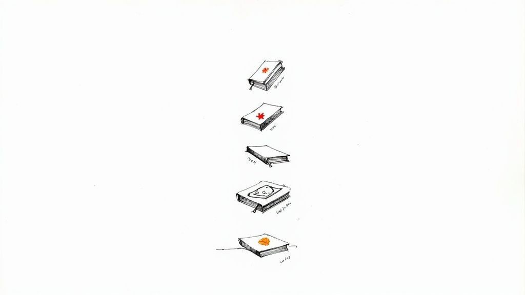 Five hand-drawn books stacked vertically on a white background, each with unique details and labels.