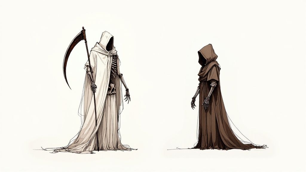 Mort book cover art showing a skeletal figure in a robe holding a scythe, with a young man beside him