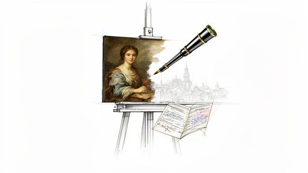 A detailed illustration of a portrait on an easel, a telescope-pen, and a city sketch.