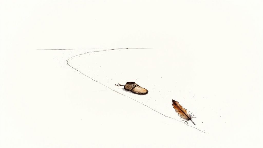 A minimalist drawing of a winding path on a white background, featuring a single brown moccasin and a feather.