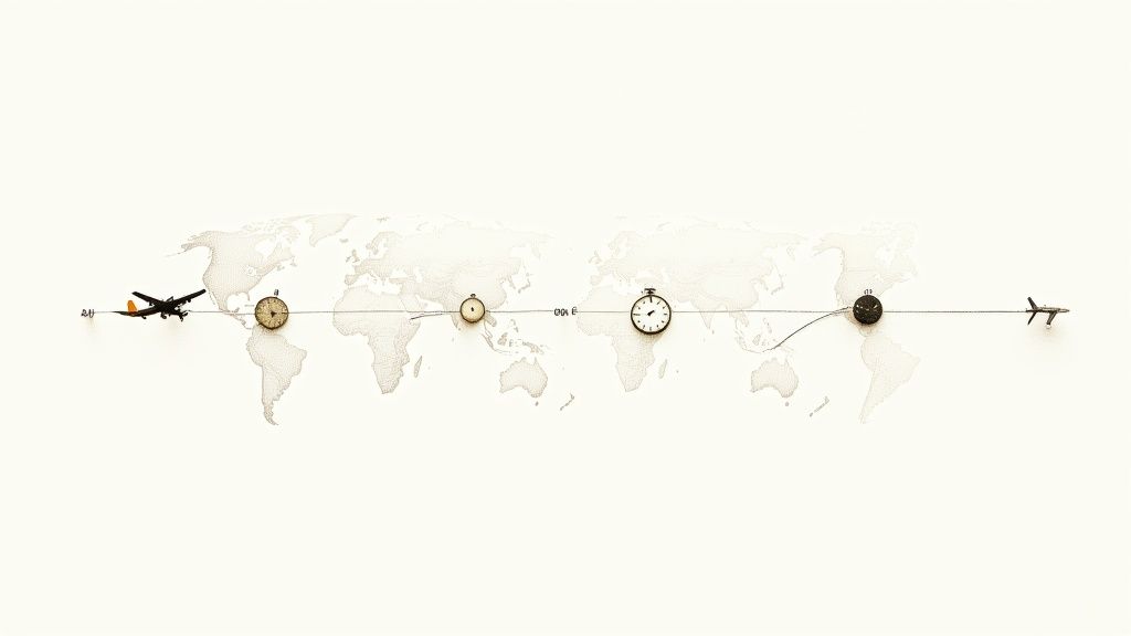 A world map with toy airplanes, pocket watches, and a timeline depicting global travel.