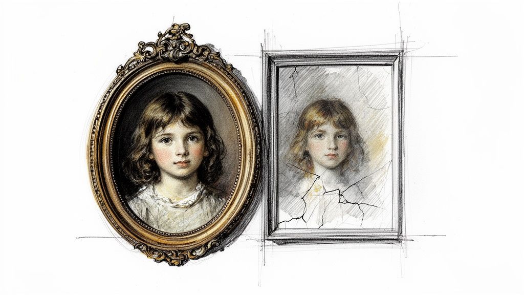 An ornate portrait of a young girl next to a cracked, sketched version of her.